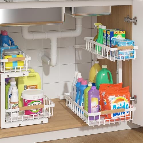 ADRIMER Under Sink Organizer 2 Packs, Pull Out Kitchen Sink Organizer, 2 Tier Slide Out Kitchen Organizers and Storage Bathroom Under Cabinet Storage Shelf, White