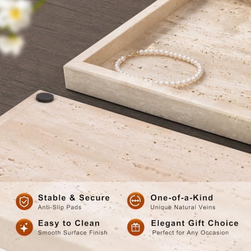 Marble Bathroom Tray for Countertop & Home Decor, Natural Decorative Marble Tray for Jewelry & Perfume Organizer, Stone Vanity Trays for Dresser, Kitchen Counter, 12" x 8", Beige Travertine