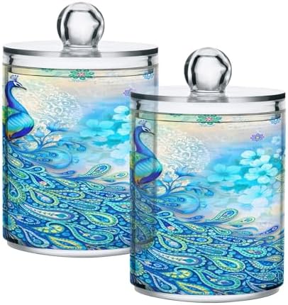 MNSRUU 4 Pack Qtip Holder Dispenser Peacock Bathroom Storage Canister Cotton Ball Holder Bathroom Containers for Cotton Swabs/Pads/Floss
