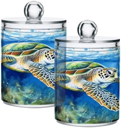MNSRUU 2 Pack Qtip Holder Organizer Dispenser Watercolor Turtle Blue Bathroom Storage Canister Cotton Ball Holder Bathroom Containers for Cotton Swabs/Pads/Floss