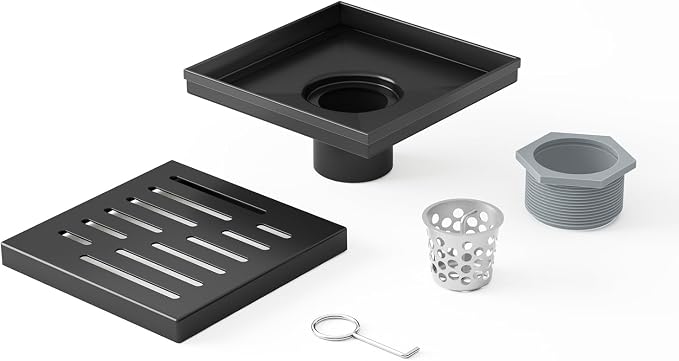 6 Inch Square Shower Drain, EMBATHER 304 Stainless Shower Floor Drain and Shower Drain Cover Included Hair Catcher and Leveling Feet, Black