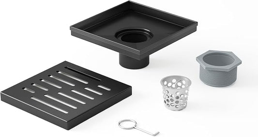 6 Inch Square Shower Drain, EMBATHER 304 Stainless Shower Floor Drain and Shower Drain Cover Included Hair Catcher and Leveling Feet, Black