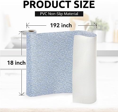 FIFTY FEET 18X192 Inch Shelf Liner with Scissor & Tape Measure for Kitchen Cabinets, PVC Drawer Liner for Dresser Non-Slip Bathroom, Non-Adhesive Cabinet Liner Washable (Pale Blue)