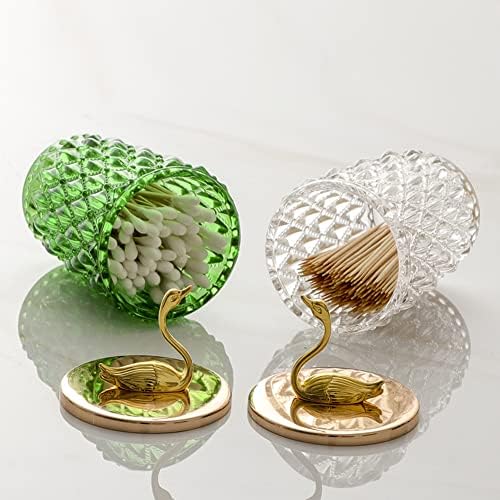 Fashion Luxury Glass Swan Shape Q-Tip and Cotton Ball Swab Holder Toothpick Holder Container Dispenser Organizer with Lid for Bathroom Kitchen (Green)
