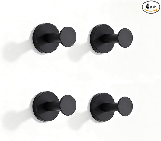 NEWRAIN Towel Hooks, 4 Pack Towel Holder for Bathroom Wall, Cabinet Closet Door, Kitchen, Bedroom, Hotel - Modern Design Effortless Mounting Towel Hangers, Robe Hook Matte Black