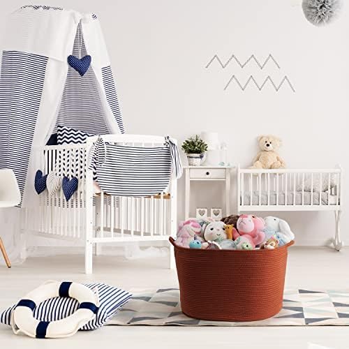 XXL Large Cotton Rope Basket - Maliton Large Storage for Blankets, Towels, Pillows - Round Toy Basket - Woven Laundry Hamper with Handles - 22" x 22" x 14" Nursery Hamper Bin, Burnt Orange
