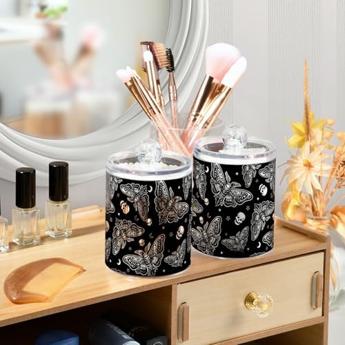 MNSRUU 2 Pack Qtip Holder Organizer Dispenser Moth Skull Moon Esoteric Bathroom Storage Canister Cotton Ball Holder Bathroom Containers for Cotton Swabs/Pads/Floss