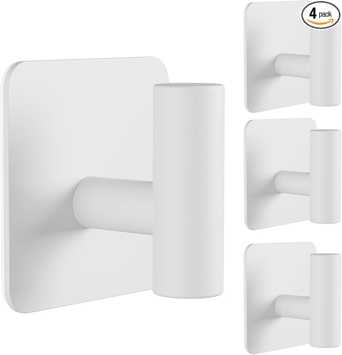 Aikzik 4 Pack Large Heavy Duty Wall Hooks - 26lb Max, Stainless Steel Adhesive Towel Hook, Shower Hooks for Hanging Towel, Coat, Robe, Wall Hook for Use in Bathroom, Kitchen and Door, White