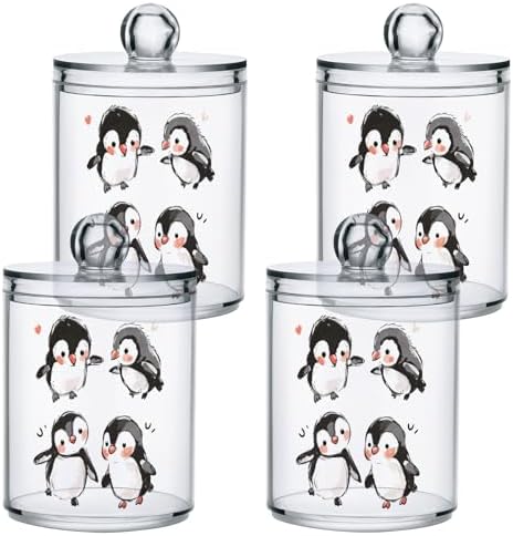 Fustylead 4 Pack Cute Hand Draw Cartoon Penguins Plastic Apothecary Jar Set for Cotton Swab, Ball, Pad, Floss, Qtip Holder Dispensers for Bathroom Storage Organizer