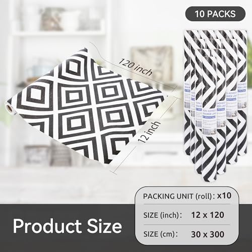 FIFTY FEET 12"x120" Non-Adhesive Shelf Liner for Kitchen Cabinets and Drawers, Washable Non-Slip PVC Cabinet Liner (Black Plaid)(10 Roll)