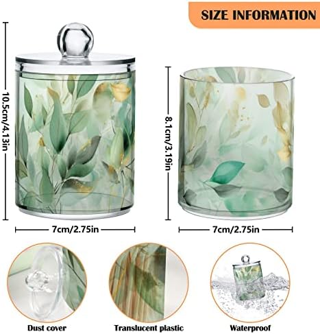 Vnurnrn Green Gold Leaves Clear Plastic Jar Set for Cotton Swab Cotton Ball Cotton Round Pads Floss, Bathroom Canisters Storage Organizer, Vanity Makeup Organizer 2 Pack