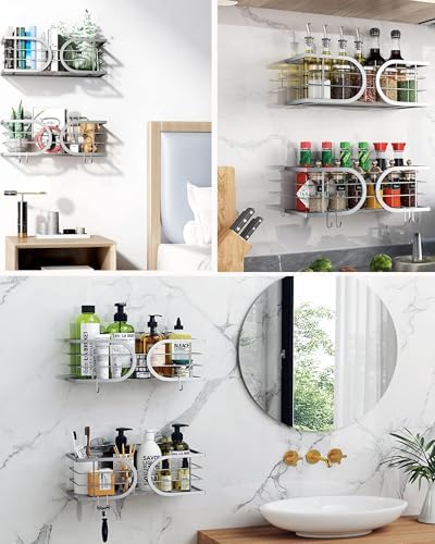 Shower Caddy No Drill Wall Mounted 304 Stainless Steel Durable Large Capacity Adhesive Shower Rack Organiser Quick Dry Rustproof Bathroom Storage Shelves - 2 Pack (Silver)