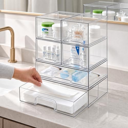 TIPGO Clear Stackable Storage Drawers, Acrylic Bathroom Makeup Organizer, Plastic Bins for Art Tool & Sketch, Sturdy and Durable Containers for Countertop, Cabinet, Vanity, Pantry Organization