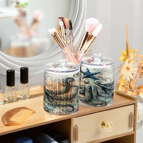 ALAZA Compass Kraken Starfish World Map 4 Pack Qtip Holder Dispenser for Cotton Swabs, Balls, Pads, Floss 10 oz Plastic Canister Organizer