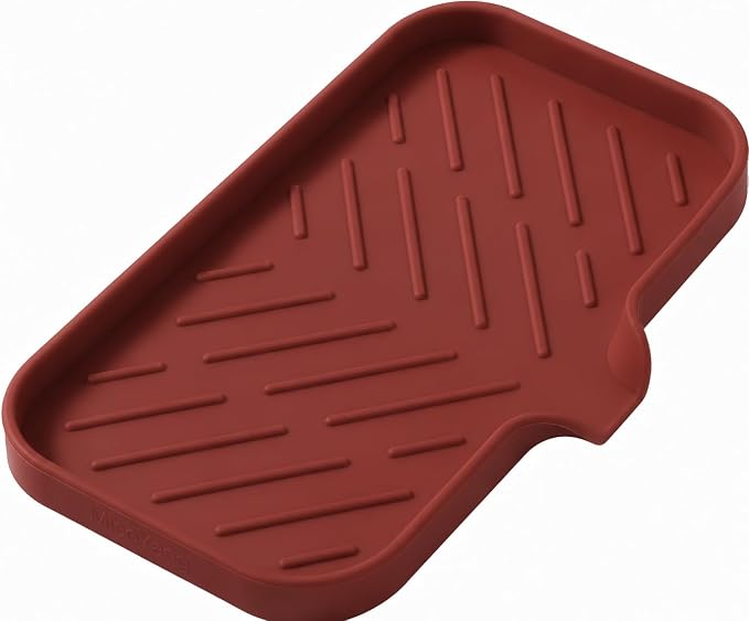 MicoYang Silicone Soap Dish with Drain Spout — Self-Draining Sink Organizer Tray for Bathroom & Kitchen, Sponges, Dispensers & Soap Holder, Non-Slip & Dishwasher Safe, Red (Medium, 9.6"×5.3")