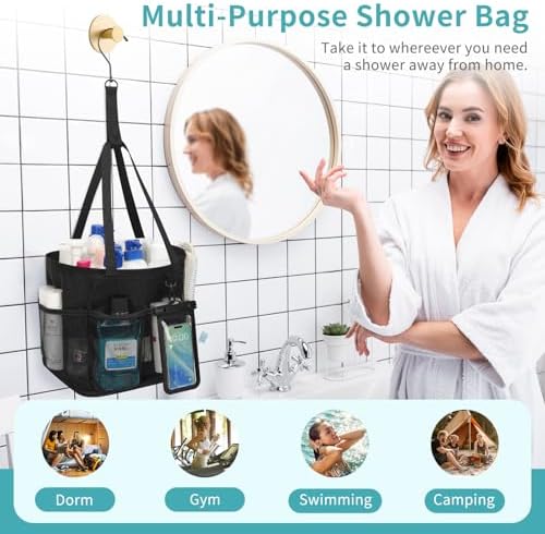 Shower Caddy Portable, Mesh Shower Caddy Hanging with Waterproof Phone Pouch Black, Large Capacity Shower Bag for College Dorm Room Essentials, Quick Dry Shower Basket for Gym, Camping, Swimming