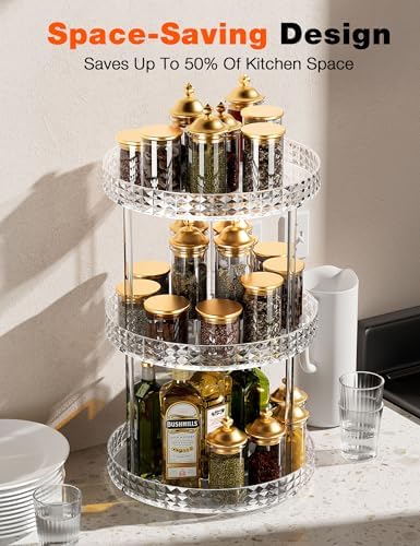 3Tier Diamond Lazy Susan Bathroom Countertop Organizer, 360° Clear Rotating Makeup Cosmetic Perfume Storage Tray, Spinning Vanity Organizer Shelf for Bathroom Cabinet, Dresser, Kitchen(Large)