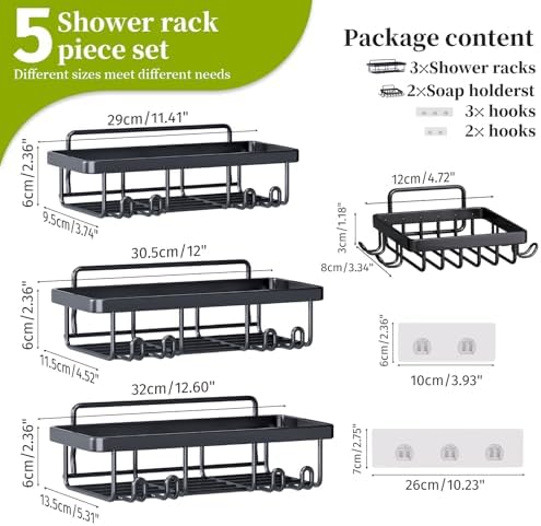 Adhesive Shower Caddy, 5 Pack Rustproof Stainless Steel Bathroom Organizers and Storage, Large Capacity Bathroom Organizer, No Drilling Shower Shelves, Black