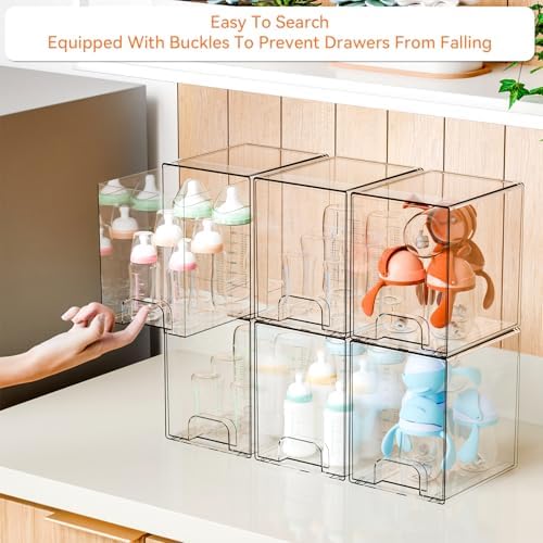 Yieach 7.5" High Stackable Storage Bins,4 Pack Bottle Station and Baby Bottle Storage Organizer for Countertop,Clear Acrylic Drawers for Pacifier,Breast Pump Parts,Storage Containers,Makeup and Lotion
