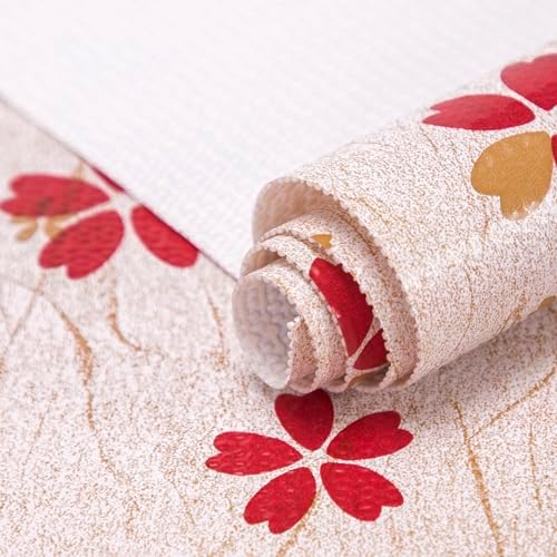 FIFTY FEET 18"x96" Non-Adhesive Shelf Liner for Kitchen Cabinets and Drawers, Washable Non-Slip PVC Cabinet Liner (Red Floral)(4 Roll)