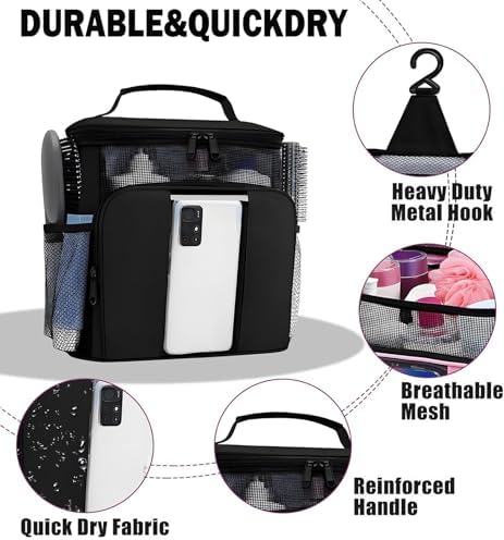 Dorm Room Essentials for Guys Girls,Quick Dry Mesh Shower Caddy Portable,Large Capacity black Shower Bag,Hanging Travel Toiletry Bag for Bathroom,Gym,Camping,Swimming,Travel,College Student Essentials