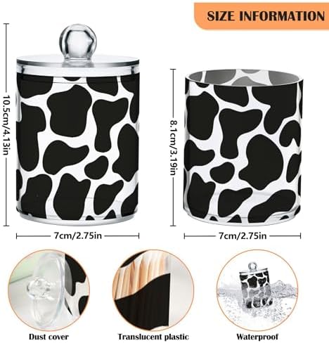 Cow Print 4 Pack Plastic Qtips Holder Bathroom Organizer Canisters for Cotton Balls/Swabs/Pads/Floss,Plastic Apothecary Jars for Vanity