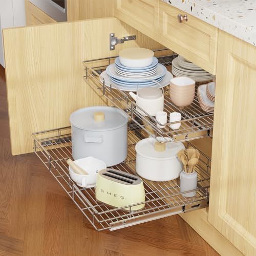 LOVMOR Individual Pull Out Cabinet Organizer, 2 Tier Slide Out Cabinet Drawers, Pots and Pans Organizer and Storage Pantry Shelf for Kitchen (30" W x 21½" D)