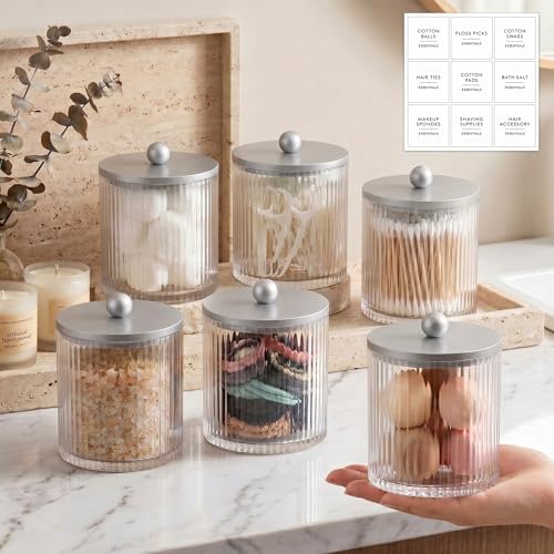 6 Pcs Plastic Holder Dispenser Bathroom Jars with Bamboo Lids, Silver