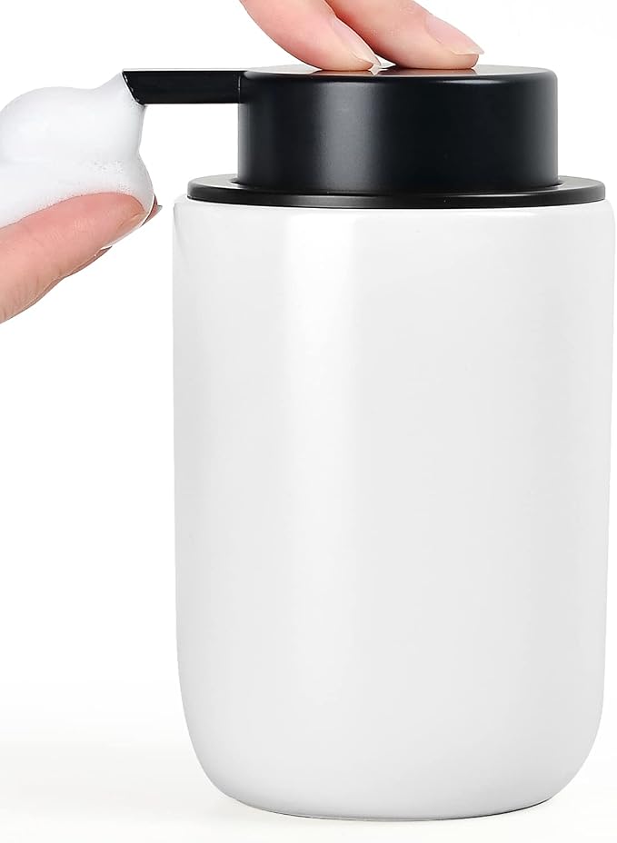 BosilunLife Foam Soap Dispenser, Hand Pump Dispenser for Kitchen Sink | Ceramic Foaming Hand Dispenser for Bathroom Modern Farmhouse Small Soap Dispenser (White)