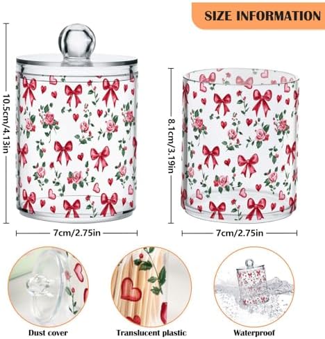 Gredecor 2 Pack Qtip Holder Clear Bows Ribbon Rose Apothecary Jars with Lids Acrylic Bathroom Jars Vanity Countertop Canister Storage Organizer for Cotton Ball,Swabs,Pads,Floss