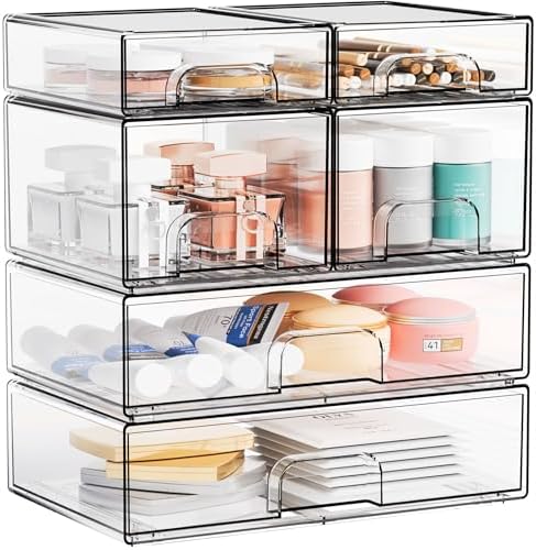 Yieach Clear Stackable Storage Drawers - Set of 6 - Acrylic Drawers,Bathroom Organizer Bin and Plastic Makeup Organizer,Clear Stacking Brightroom Storage Boxes for Vanity,Cabinet,Pantry Organization