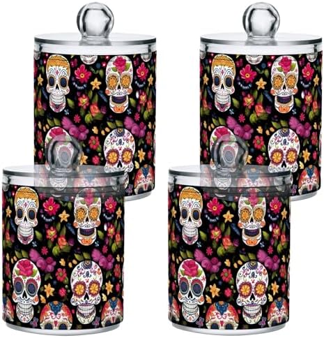 4 Pack Sugar Skulls with Flowers Qtip Holder Dispenser 10 Oz Apothecary Jars Bathroom Storage Containers for Cotton Pads, Cotton Ball, Cotton Swabs, Floss Picks