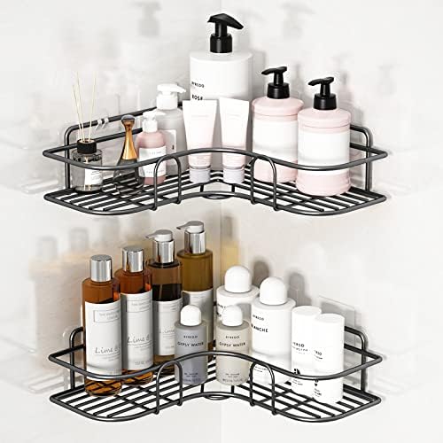 LAIGOO Adhesive Corner Shelf, Hanging Bathroom Shelves, Non-Drilling Floating Shelf for Bathroom/Kitchen/Shower Organizer (2 Pack, Black)