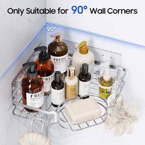 Corner Shower Caddy, Rustproof Shower Organizer with Soap Holder and 8 Hooks, No Drilling Adhesive Shower Shelves for Inside Shower, Large Capacity Shower Rack for Bathroom Shower Storage, Sliver