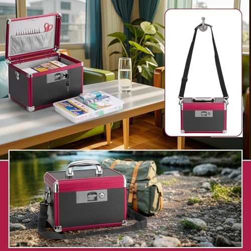 Large Medication Lock Box with Key (13.4"x7.6"x8.2") - Childproof Aluminum Medicine Storage Safe for Prescriptions & First Aid - Secure Portable Pill Organizer for Travel, Home (Black & Red)