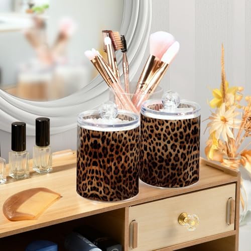 Leopard Print Apothecary Jar with Lid, 10oz Clear Plastic Storage Jar for Bathroom, Qtip Holder Organizer for Cotton Balls, Swabs, Pads, 2 Pack