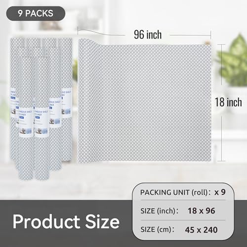 FIFTY FEET 18"x96" Non-Adhesive Shelf Liner for Kitchen Cabinets and Drawers, Washable Non-Slip PVC Cabinet Liner (Black Circle)(9 Roll)