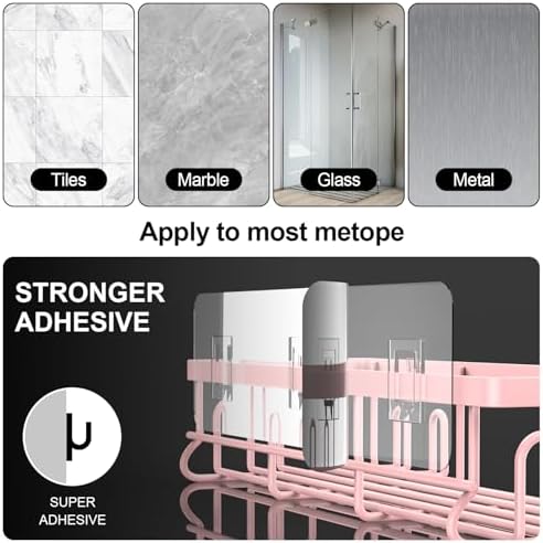 Getsrichfc Shower Caddy Adhesive, Rustproof Shower Shelves for Inside Shower, Large Capacity Bathroom Organizers and Storage, Shower Storage with Removable Hooks, No Drill Bathroom Accessories Pink