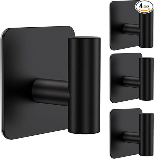 Aikzik 4 Pack Large Heavy Duty Wall Hooks - 26lb Max, Stainless Steel Adhesive Towel Hook, Shower Hooks for Hanging Towel, Coat, Robe, Wall Hook for Use in Bathroom, Kitchen and Door, Matte Black