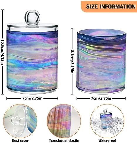 2 Pack Apothecary Jars Bathroom Iridescent Qtip Holder Dispenser Clear Plastic Storage Canister Jar with Lid for Cotton Ball, Cotton Swab