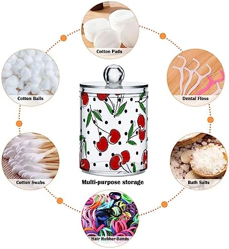 Cherry Fruits Polka Dots Canisters with Lids for Bathroom Vanity, Clear Plastic Jars Set of 2 for Cotton Balls, Cotton Pads, Qtips 4.13 x 2.75 inch