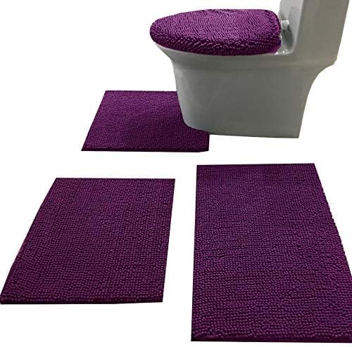 Madeals Bath Rug Set 4 Piece with Toilet Lid Cover and Rug Set Combo, Soft Shaggy, 3 Piece and U-Shaped Toilet Floor Rug Purple | Chenille,Shaggy,Non-Slip Backing,Soft,Fit,Absorbent, Comfort,3 Piece Bathroom Rug,Thickness,Quick Drying, Washable,