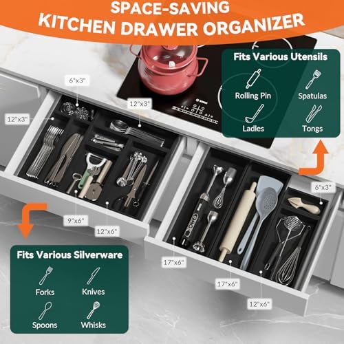 Lixple Bamboo Kitchen Drawer Organizer, 2 Pack, 12" x 3" x 2", Black