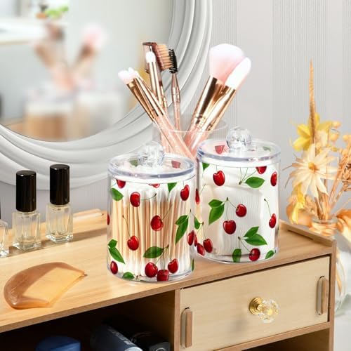 DOMIKING Cherry Leaves White 2 Pack Cotton Swab Holder Dispenser Plastic Jar Bathroom Storage Canister Acrylic Containers for Cotton Swab Round Pads Ball