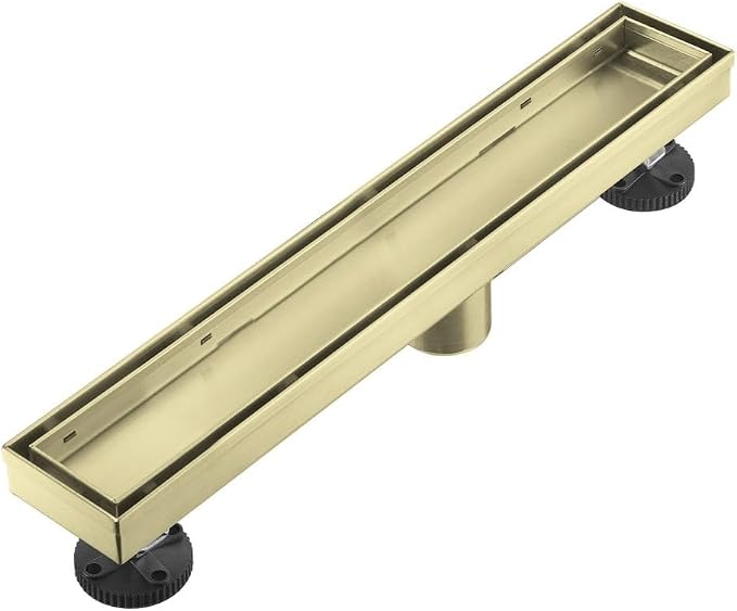 AVSIILE Linear Shower Floor Drain, Brushed Gold 12 Inch 304 Stainless Steel Bathroom Drains Kit, Rectangular Shower Trench Drain with Reversable Tile-in Pattern Drain Cover & Hair Catcher