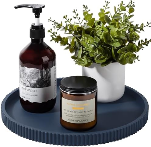 Silicone Bathroom Tray Round Perfume Tray Coffee Table Decor, 12" Dark Blue