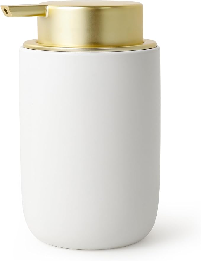 BosilunLife Lotion Pump Dispenser for Bathroom, Kitchen, Countertop | Hand Soap Dispenser Bathroom Ceramic Dish Liquid Soap Dispenser (White with Gold, Liquid Pump)