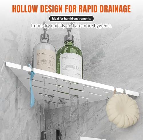 Corner Shower Shelves with Razor Hole & Hooks, Modern Sturdy Shower Shelves