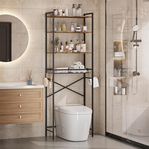 Gizoon Over-The-Toilet Storage Rack with Adjustable Shelf and Basket, 4-Tier Freestanding Space Saver Bathroom Shelves Above Toilet for Room