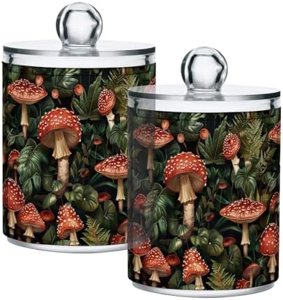 Retro Mushrooms and Leaves Clear Plastic Jars Set of 2, Apothecary Jars with Lids Bathroom Counter Organizer for Cotton Pads, Cotton Ball, Cotton Swabs, Floss Picks 10 Oz